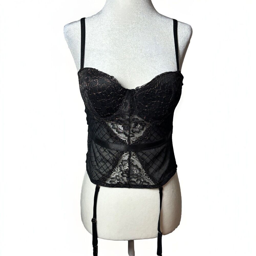 Womens Bustier Corset Lingerie Black Gold Lace Sheer Fairygrunge Whimsigoth SZ S